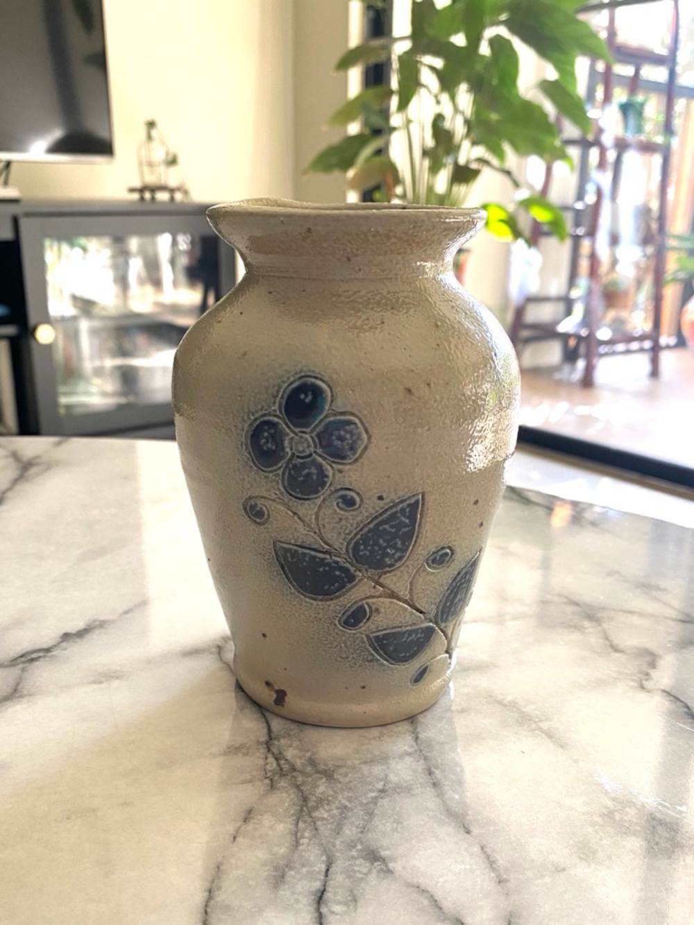 Vintage Salt Glazed Pottery in Gray and Cobalt Blue Vase